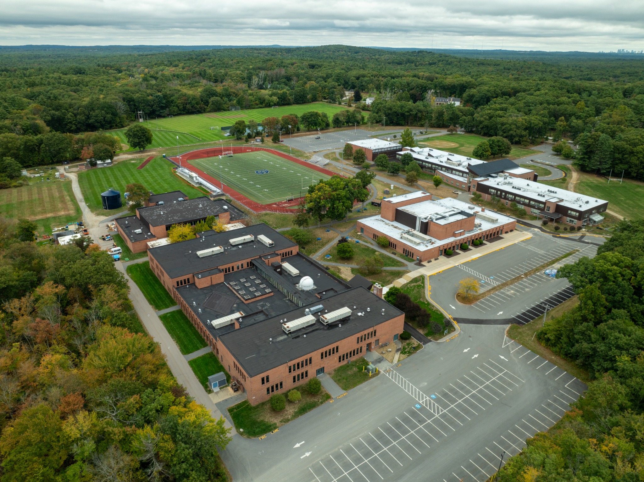 Aerial angle view of a school and athletic campus