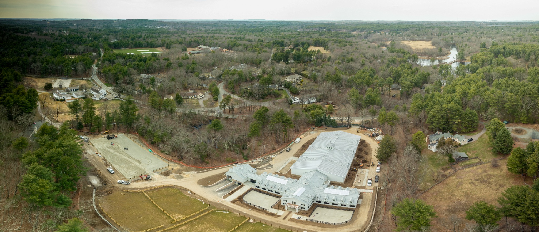 Panoramic aerial view of an active construction project