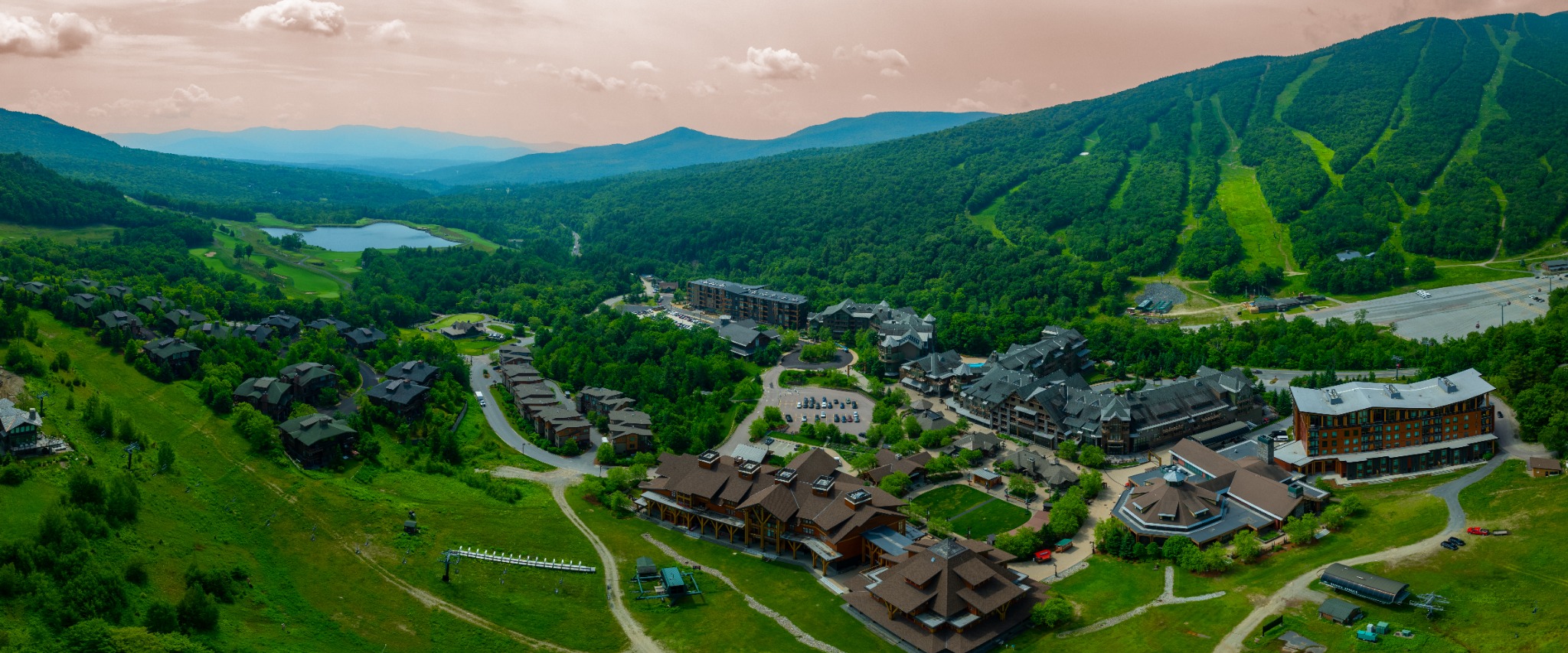 Aerial panorama of a Vermont mountain resort